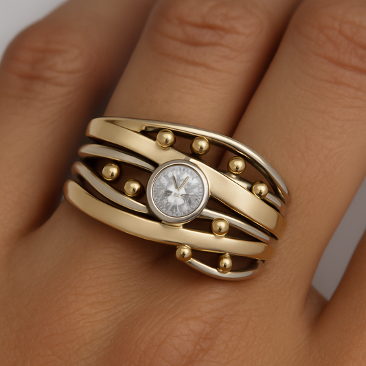 Gold ring with a clock face on a person's finger