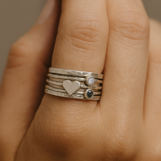 Wide Textured Band Ring with Heart and Accent Stones