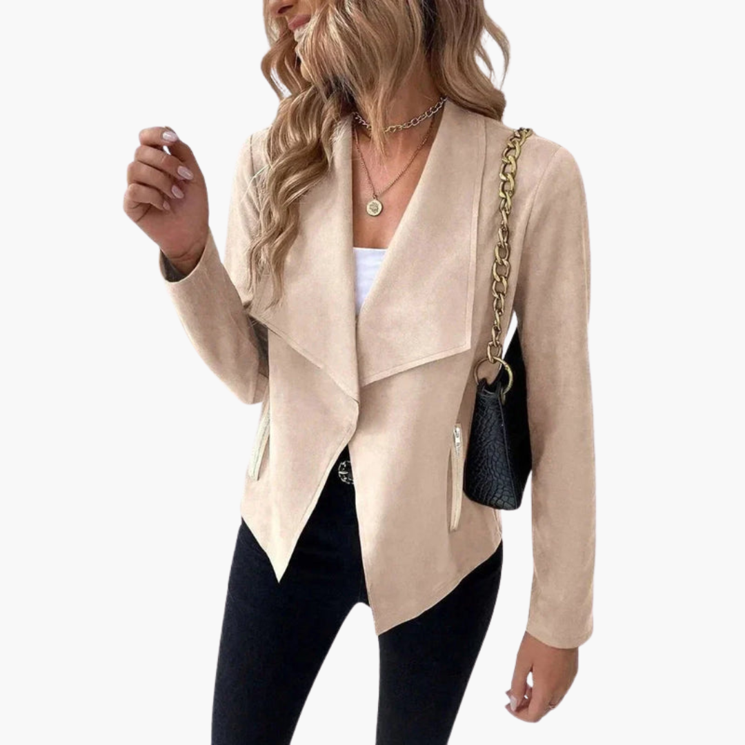 Open-Front Suede Jacket – Draped Lapels – Zip Pockets