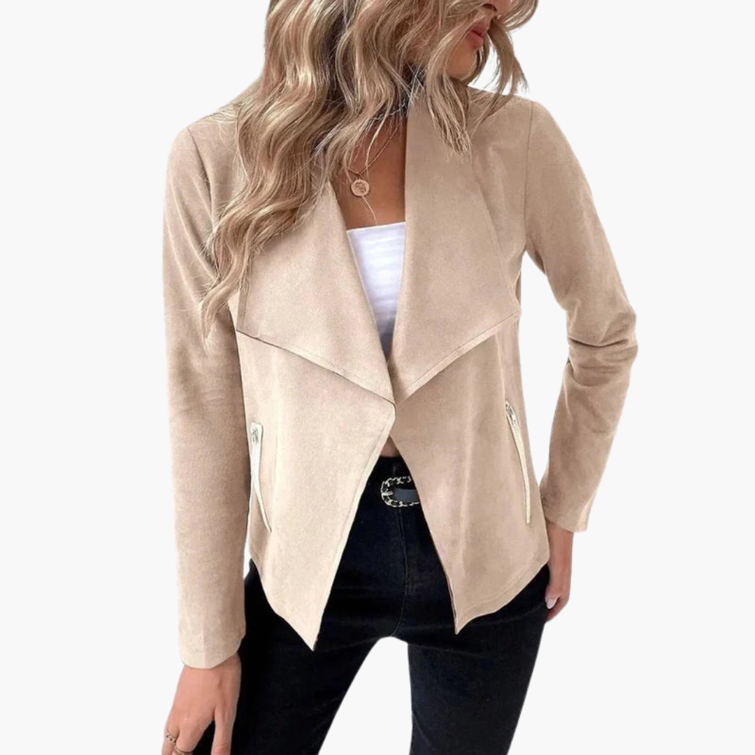 Open-Front Suede Jacket – Draped Lapels – Zip Pockets