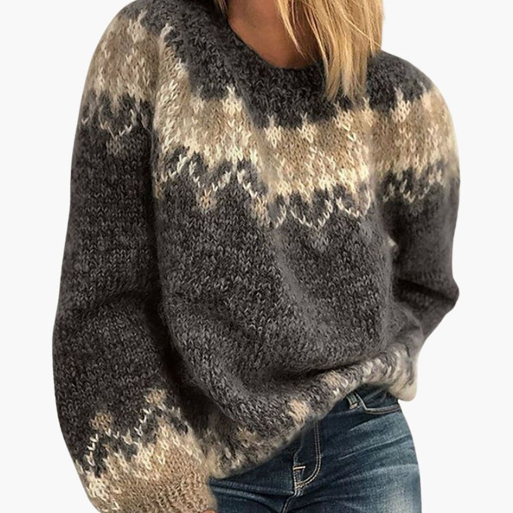 Patterned Knit Sweater – Crew Neck – Ribbed Hem