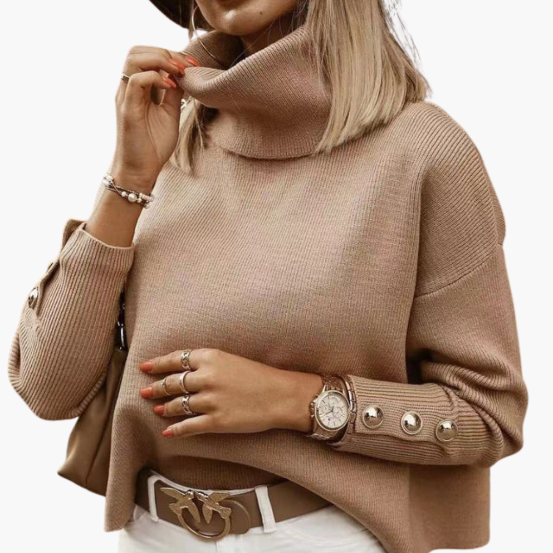 Turtleneck Sweater – Decorative Sleeve Buttons – Long Sleeves