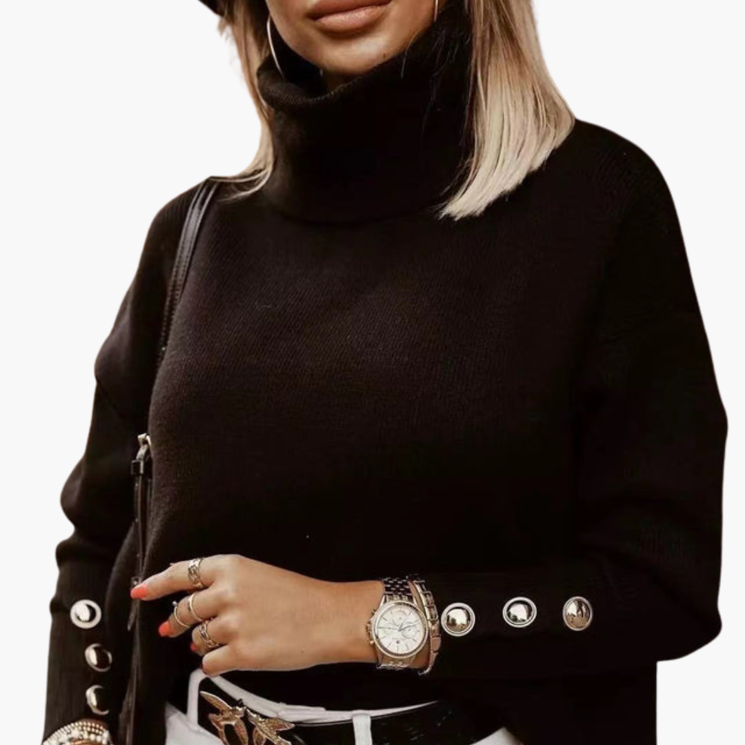 Turtleneck Sweater – Decorative Sleeve Buttons – Long Sleeves