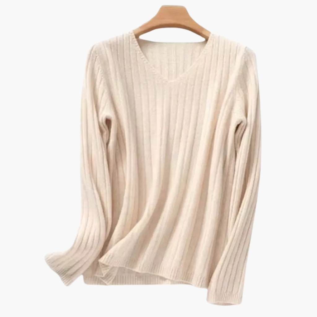 V-Neck Knit Sweater – Long Sleeves – Ribbed Finish