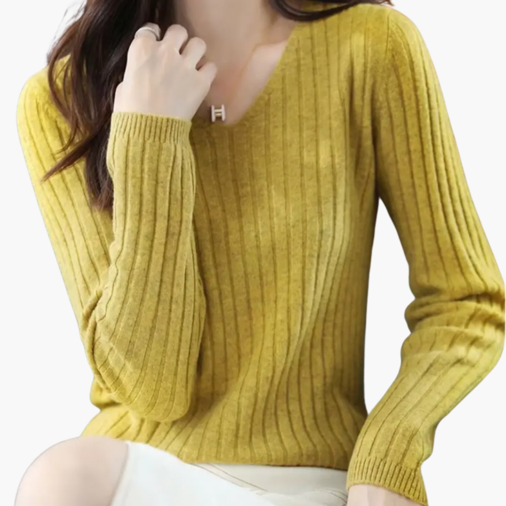 V-Neck Knit Sweater – Long Sleeves – Ribbed Finish