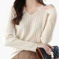 V-Neck Knit Sweater – Long Sleeves – Ribbed Finish
