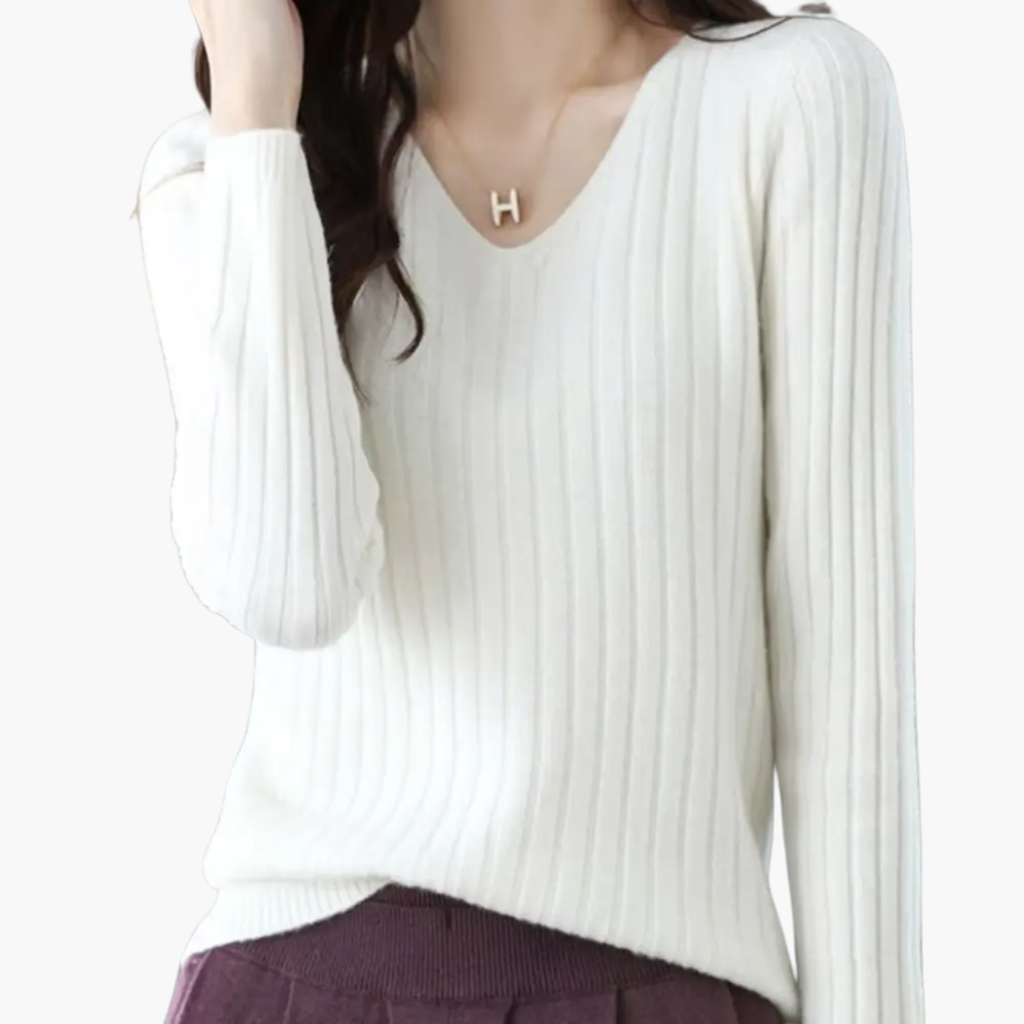 V-Neck Knit Sweater – Long Sleeves – Ribbed Finish