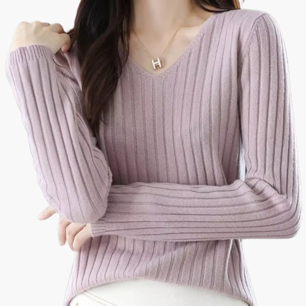 V-Neck Knit Sweater – Long Sleeves – Ribbed Finish