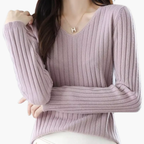 V-Neck Knit Sweater – Long Sleeves – Ribbed Finish