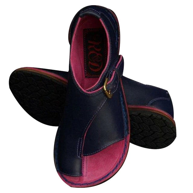 Flat open Toe Leather Sandals with Buckles Adjustment for Woman