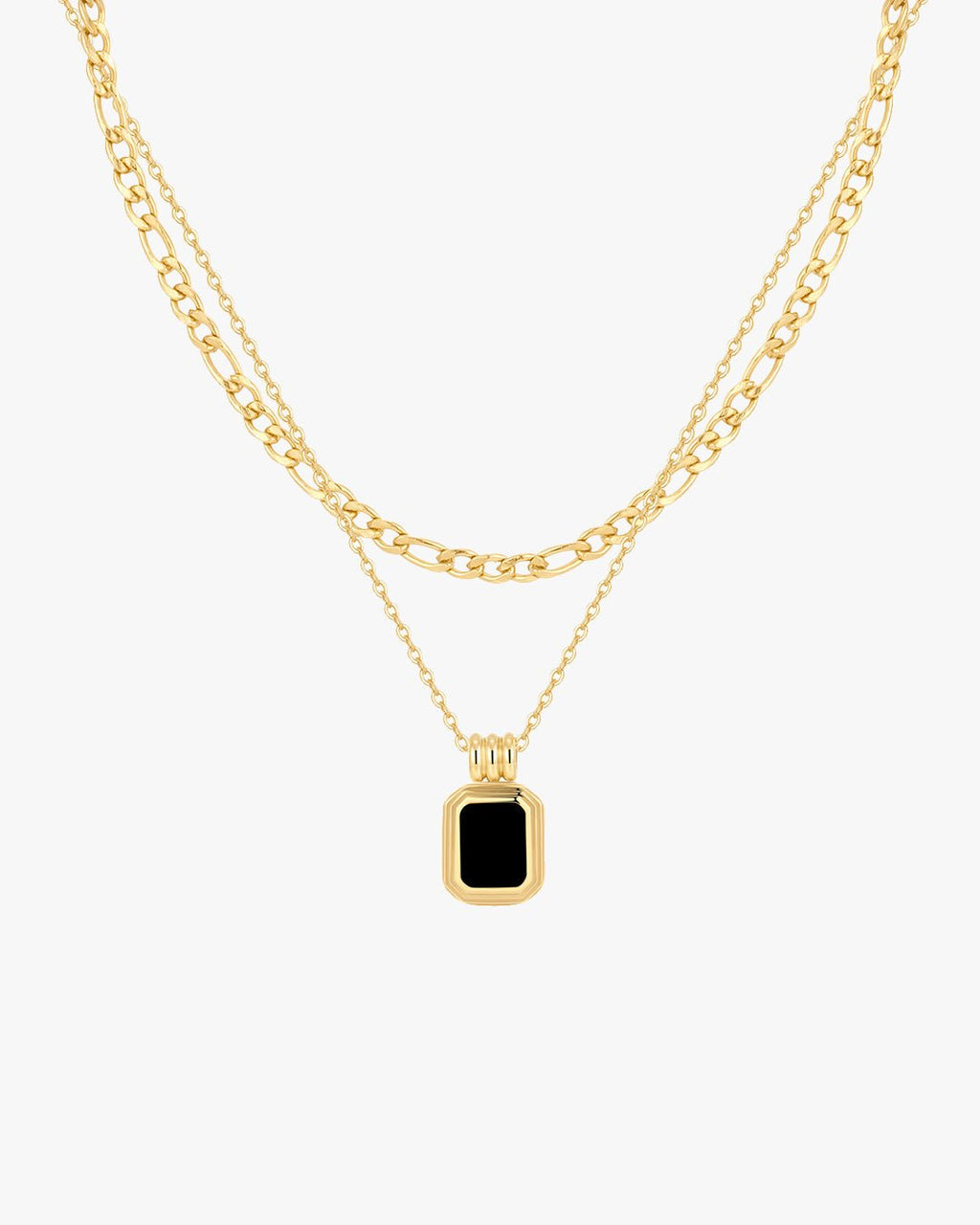 Gold layered chain necklace with a black rectangular pendant, featuring a sleek design. Perfect for fashion-forward jewelry enthusiasts.
