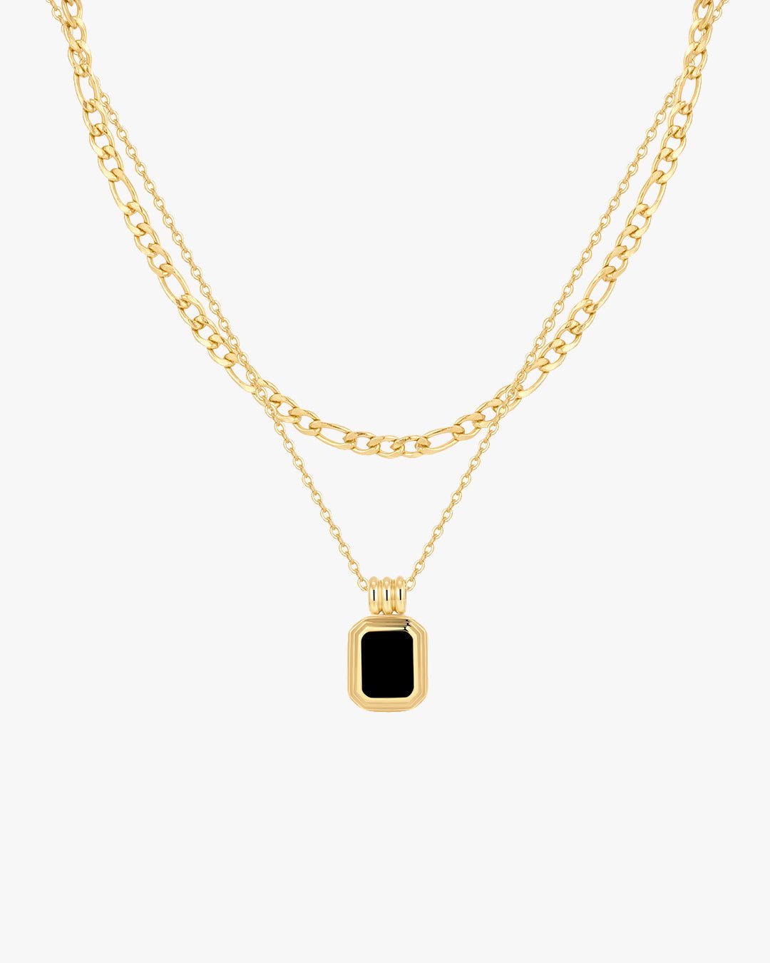 Gold layered chain necklace with a black rectangular pendant, featuring a sleek design. Perfect for fashion-forward jewelry enthusiasts.