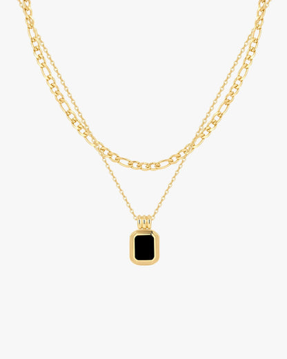 Layered Gold Necklace with Rectangular Black Pendant