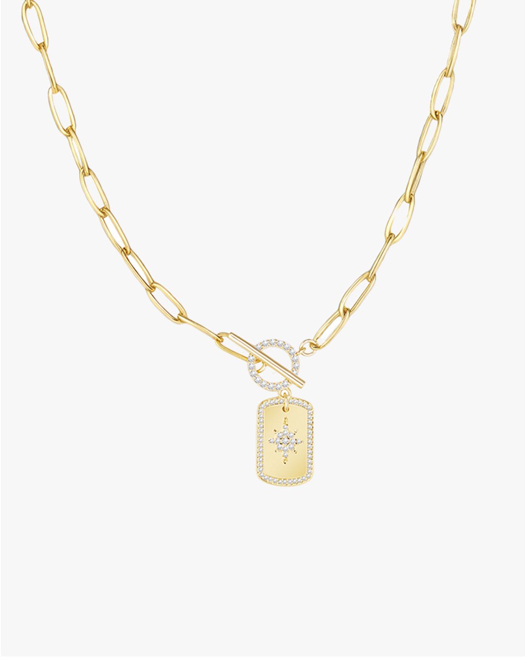 Gold chain necklace with a rectangular pendant featuring a star design and diamond accents, toggle clasp, and elongated links on a white background.