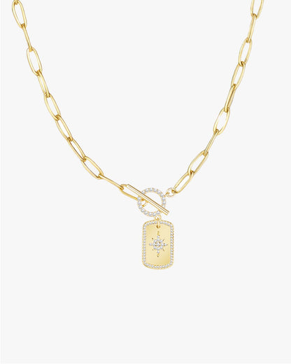 Gold Necklace with Star Tag Pendant and Toggle Clasp