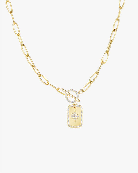 Gold Necklace with Star Tag Pendant and Toggle Clasp
