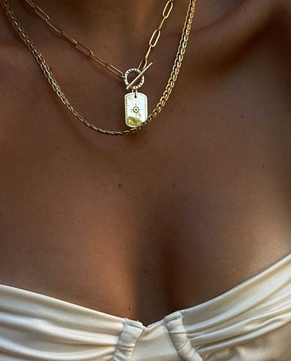 Gold Necklace with Star Tag Pendant and Toggle Clasp
