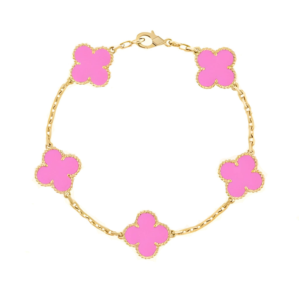 Gold chain bracelet with pink clover-shaped charms, elegant jewelry accessory, fashion statement piece, perfect for stylish women's wristwear.