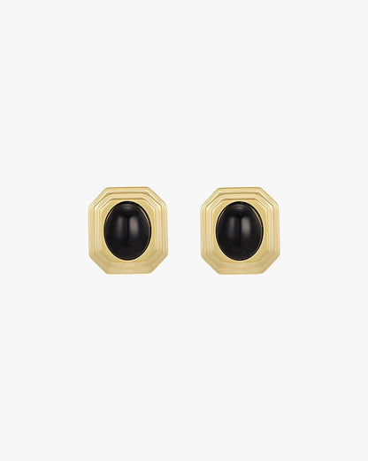 Gold Stud Earrings with Black Oval Center – Geometric Frame