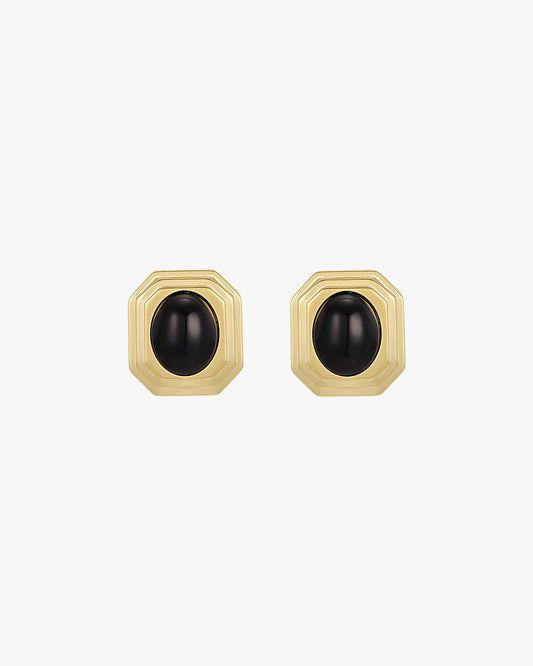 Gold Stud Earrings with Black Oval Center – Geometric Frame