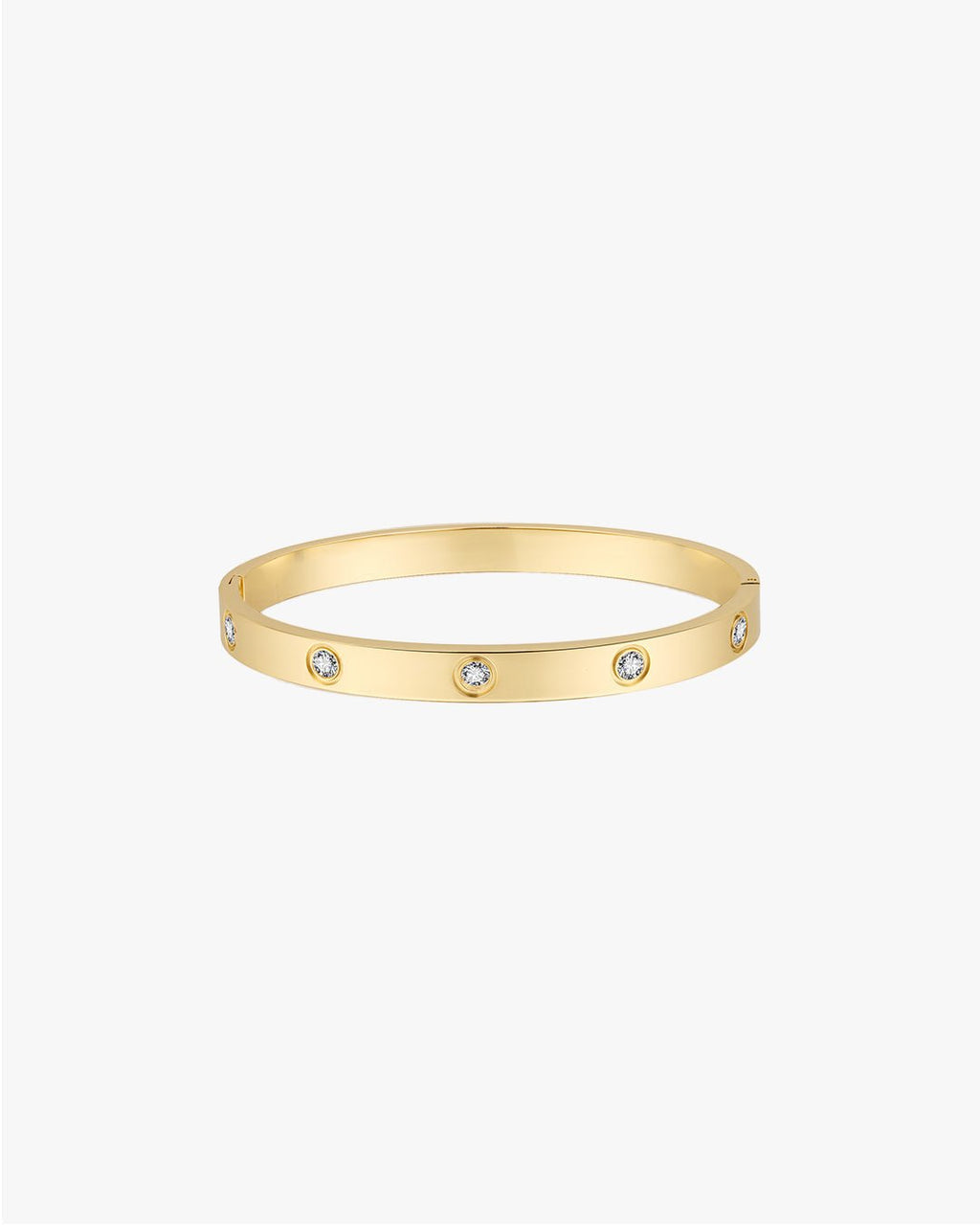Gold bangle bracelet with embedded round diamonds on a white background. Elegant jewelry accessory, luxury fashion statement piece.