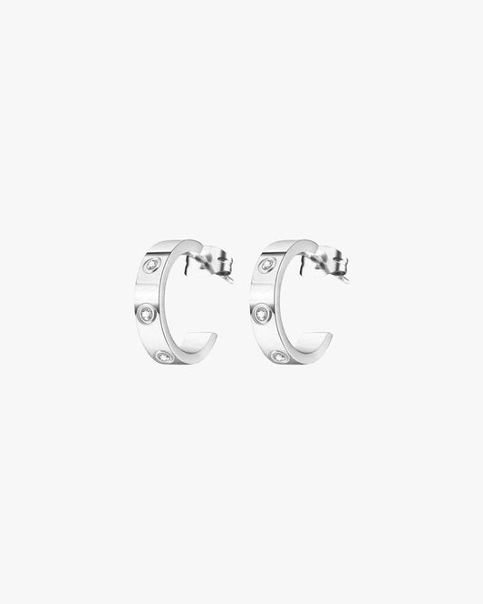 Silver Studded Hoop Earrings – Minimalist Half Hoops with Crystal Details