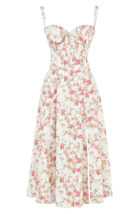 Floral Square Neck Bustier Sundress - Sleeveless Y2k Midi Dress with Slit and Corset Back