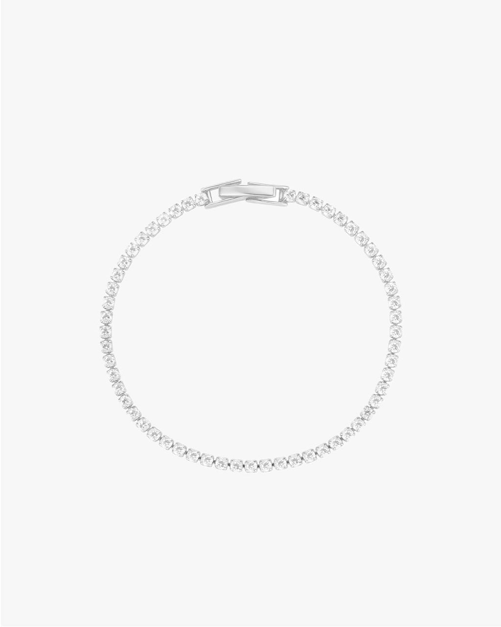 Elegant diamond tennis bracelet with a secure clasp, featuring sparkling round-cut diamonds set in a sleek, minimalist design. Perfect luxury jewelry.