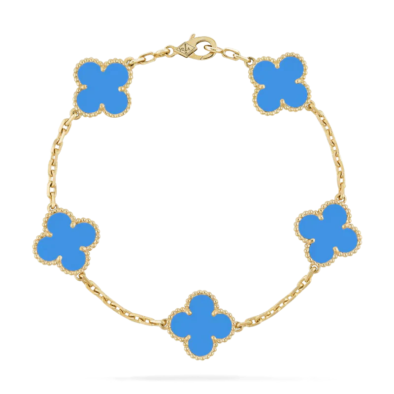Gold bracelet with five blue clover-shaped charms, luxury jewelry, elegant design, fashion accessory, high-end style, women's bracelet.