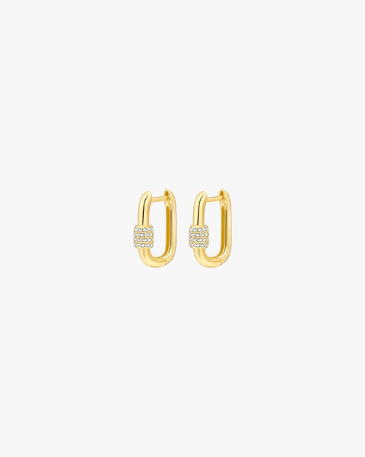 Gold Huggie Earrings with Sparkling Detail – Modern Rectangular Hoop Design
