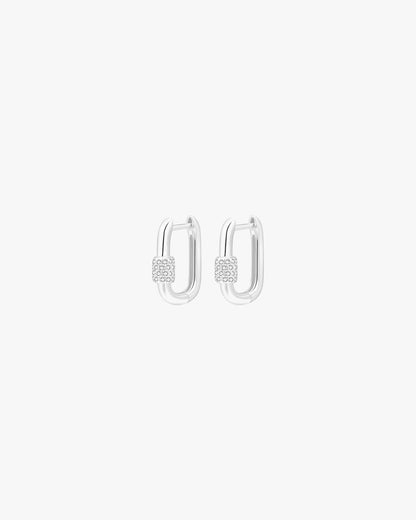 Silver Rectangular Huggie Earrings with Crystal Accent Bead – Minimalist Hoop Design