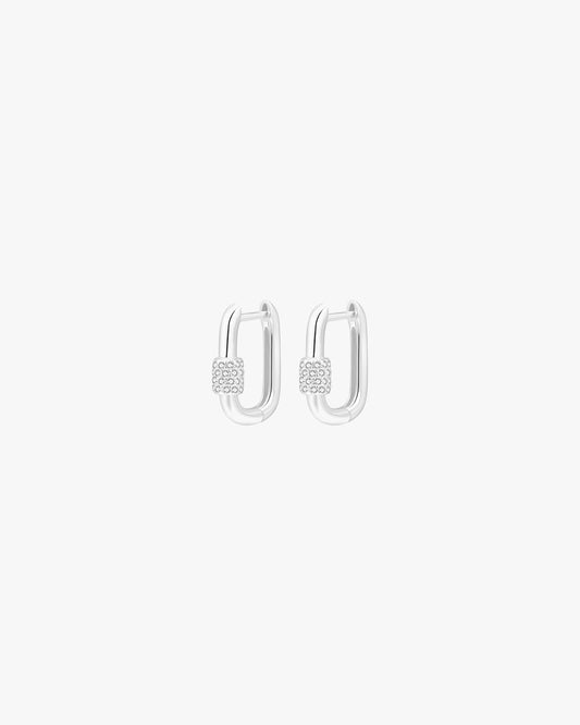 Silver Rectangular Huggie Earrings with Crystal Accent Bead – Minimalist Hoop Design