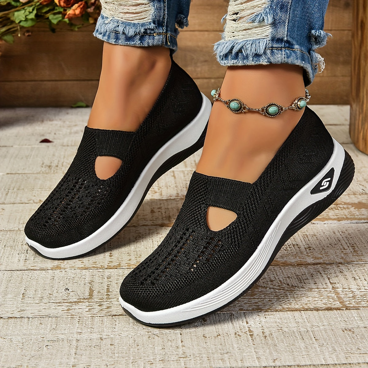 Women's Breathable Knit Sneakers - Casual Slip-On Walking Shoes with Soft PVC Sole
