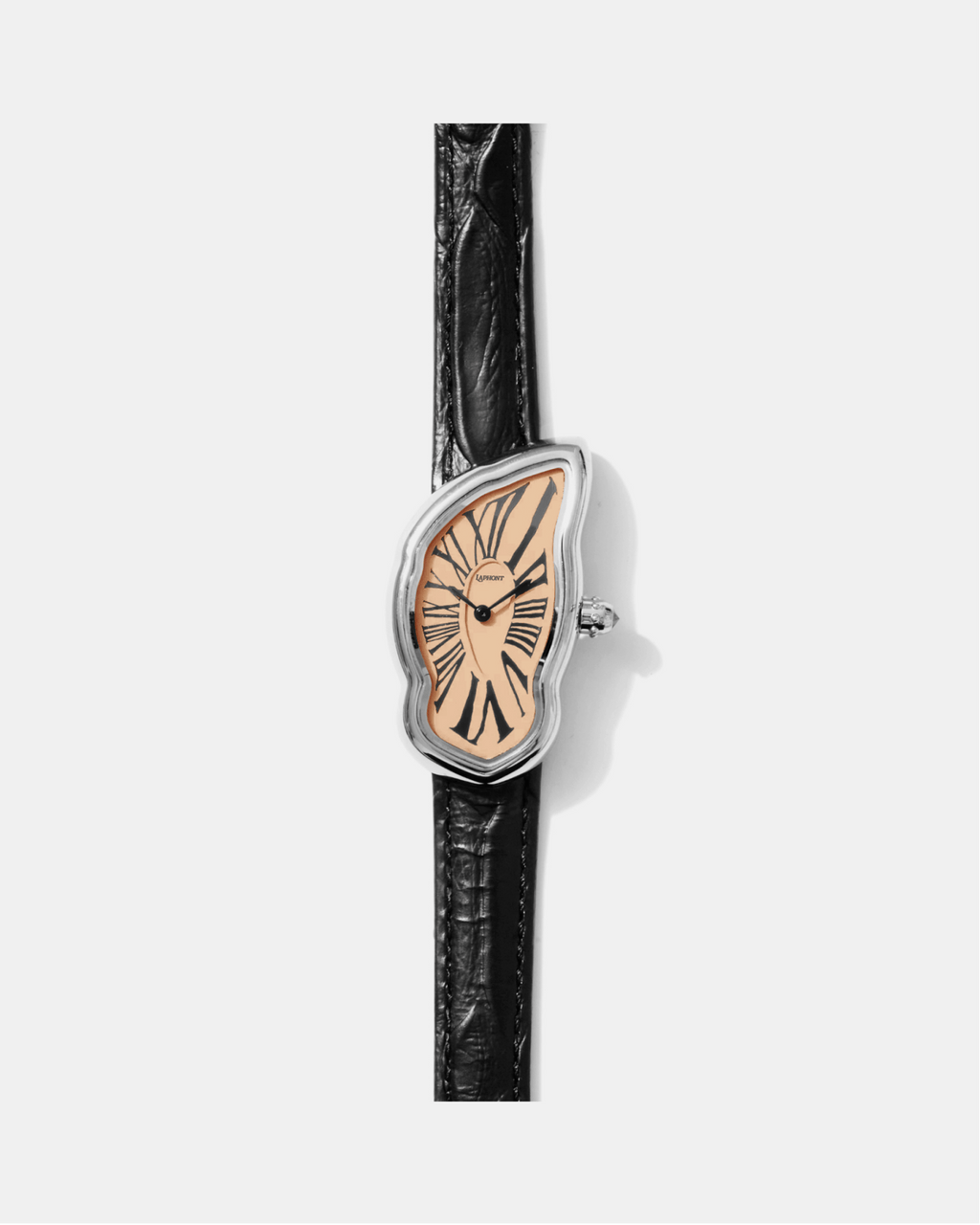 Sculpted Dial Black Leather Quartz Watch – Modern Art Inspired Women’s Timepiece