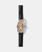 Sculpted Dial Black Leather Quartz Watch – Modern Art Inspired Women’s Timepiece