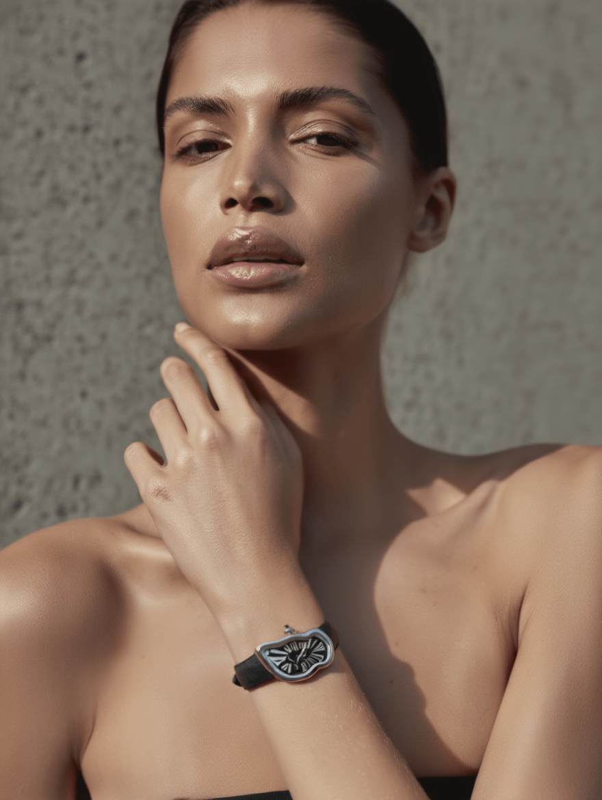 Sculpted Dial Black Leather Quartz Watch – Modern Art Inspired Women’s Timepiece