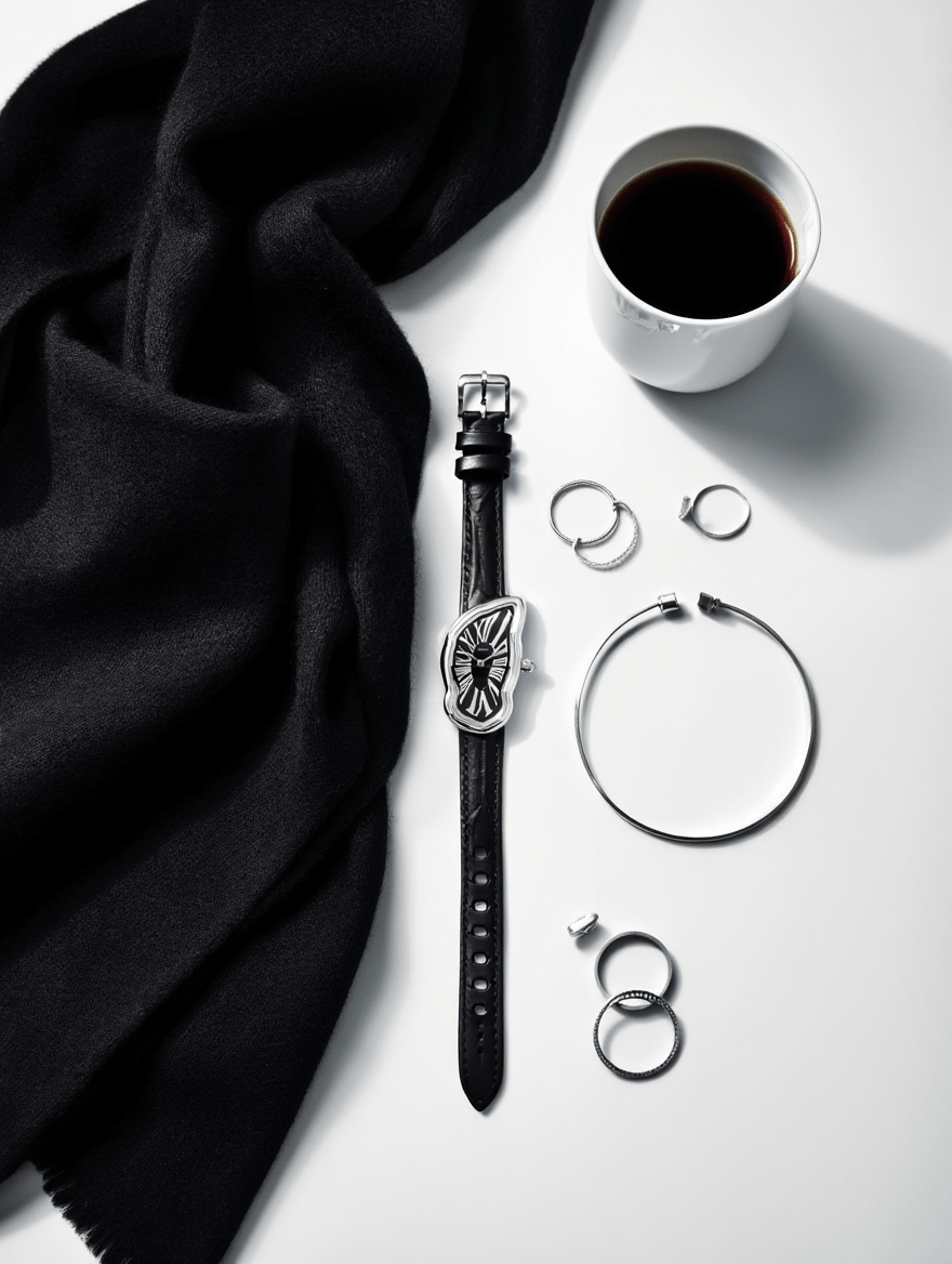 Sculpted Dial Black Leather Quartz Watch – Modern Art Inspired Women’s Timepiece