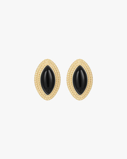 Gold Oval Stud Earrings with Black Accent – Textured Edge Design