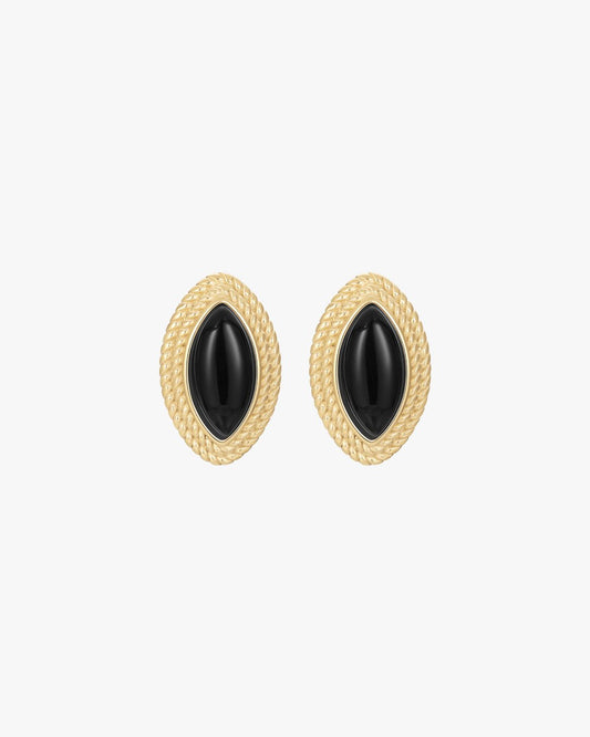 Gold Oval Stud Earrings with Black Accent – Textured Edge Design