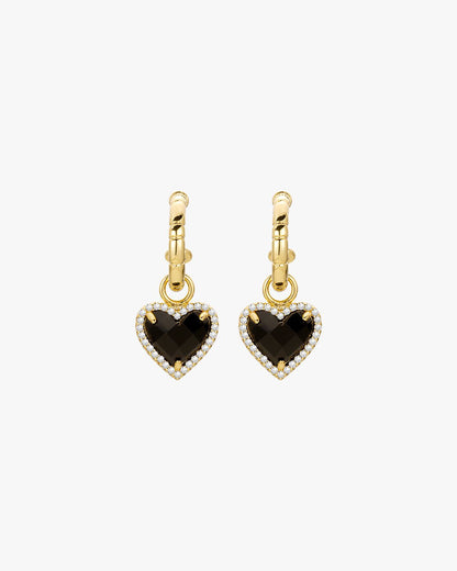 Gold Tone Heart Drop Earrings with Black Center Stone and Clear Accent Crystals – For Women