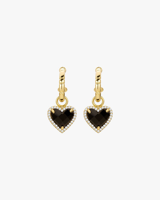 Gold Tone Heart Drop Earrings with Black Center Stone and Clear Accent Crystals – For Women