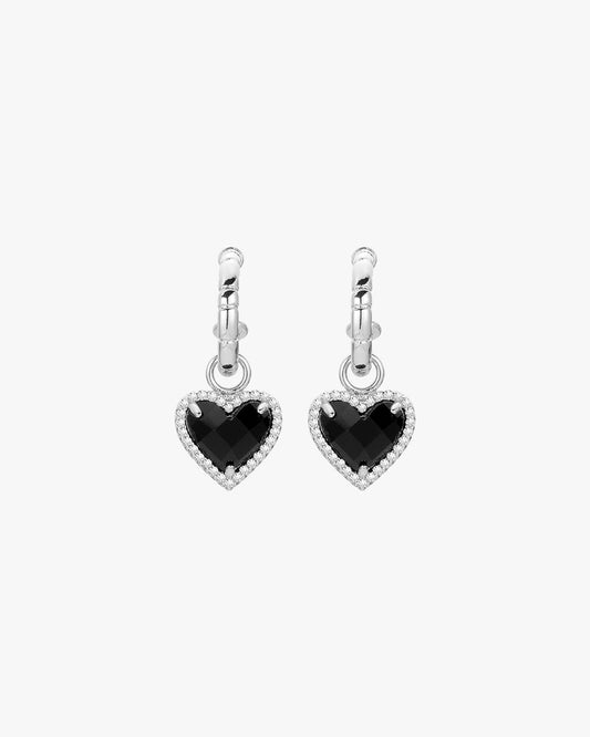 Silver Tone Heart Drop Earrings with Black Center Stone