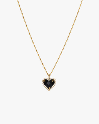 Gold Heart Pendant Necklace with Black Gemstone