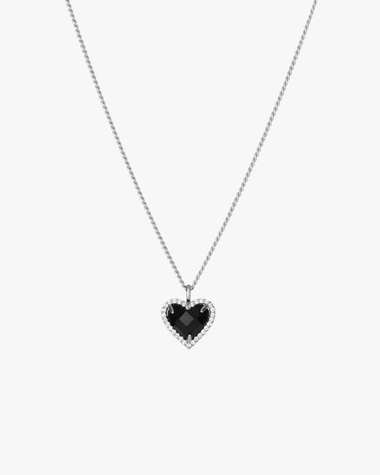 Silver Heart Pendant Necklace with Black Center Stone