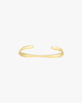 Gold minimalist open cuff bracelet on white background, sleek and modern jewelry accessory, perfect for elegant fashion styling and gifting.