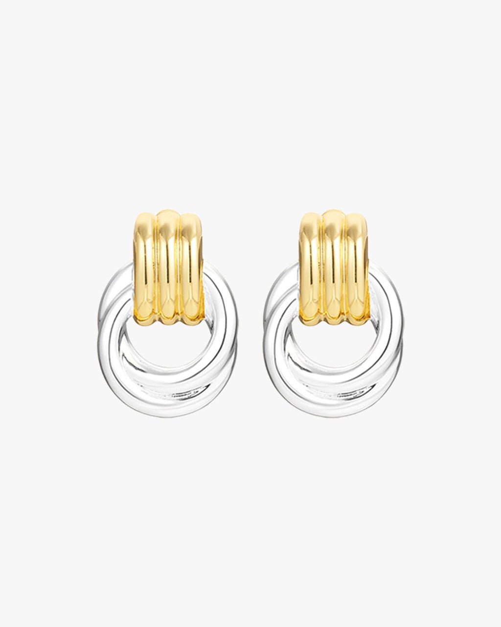 Gold and silver hoop earrings with interlocking design, modern jewelry, minimalist style, fashion accessories, elegant women's earrings.