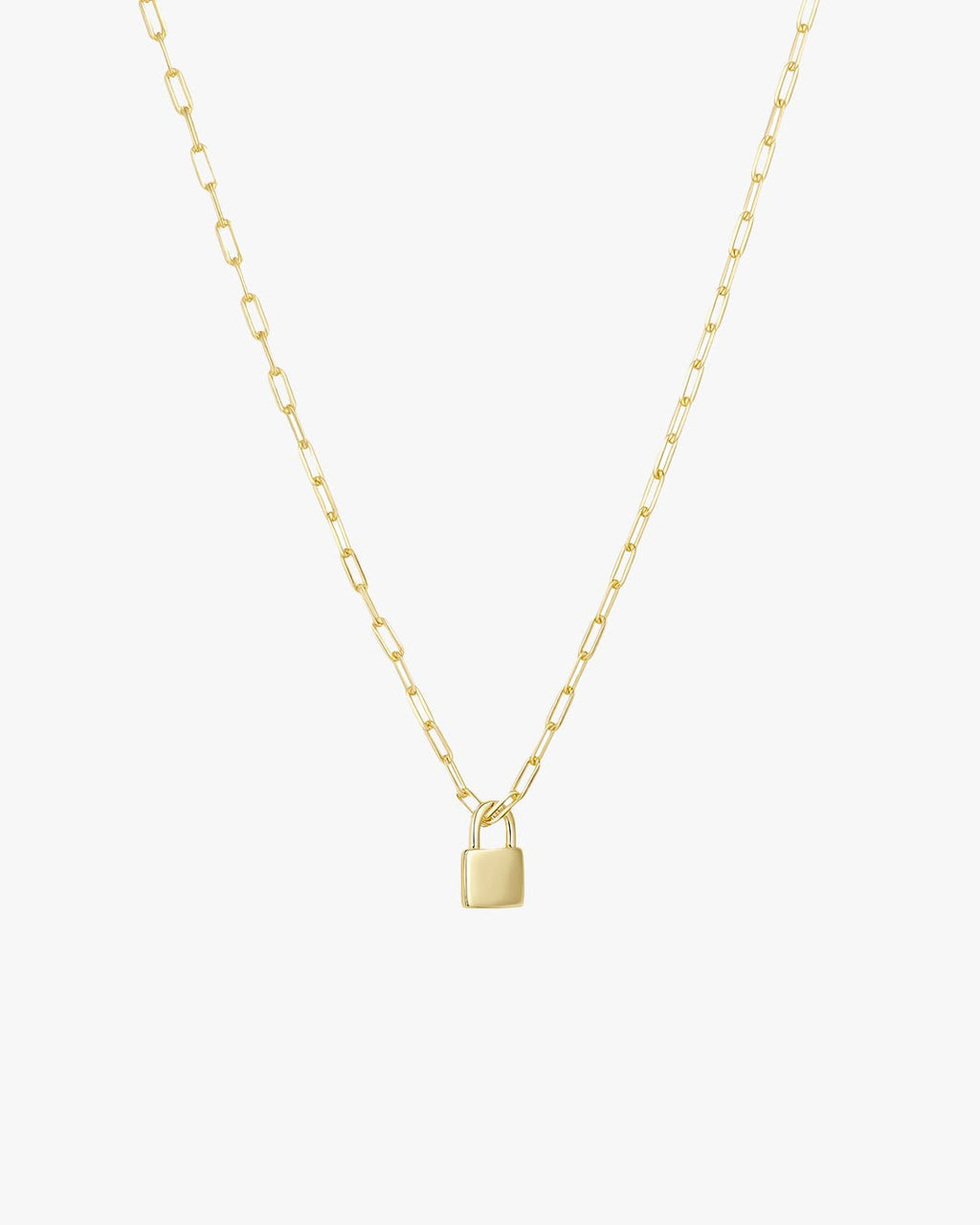 Gold chain necklace with a small padlock pendant, minimalist jewelry design, elegant accessory for women, perfect for layering or standalone wear.