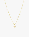 Gold chain necklace with a small padlock pendant, minimalist jewelry design, elegant accessory for women, perfect for layering or standalone wear.