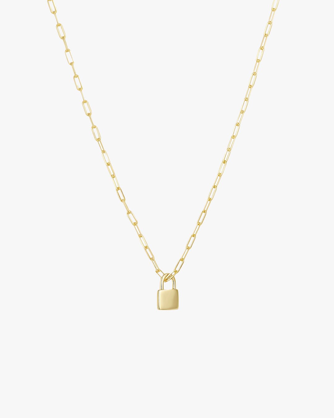 Gold chain necklace with a small padlock pendant, minimalist jewelry design, elegant accessory for women, perfect for layering or standalone wear.