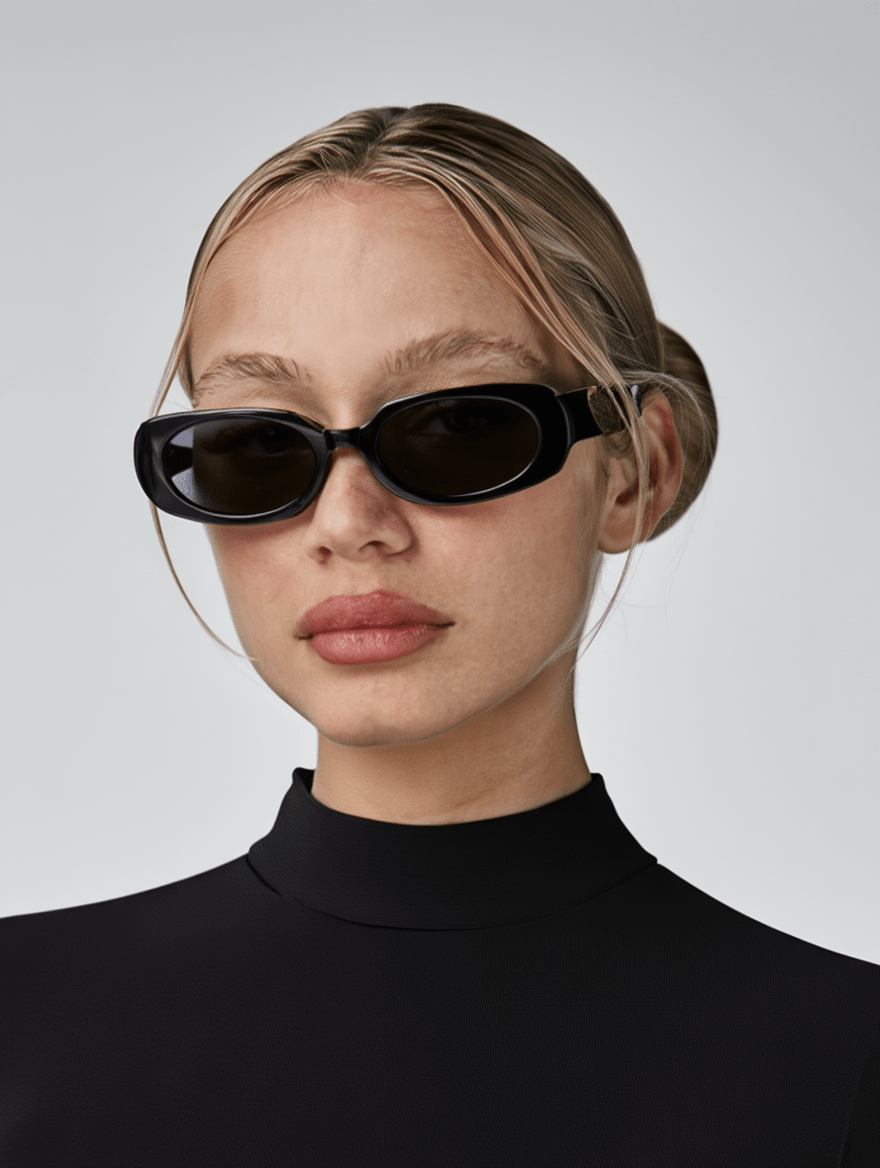 Women’s Slim Rectangular 90s-Inspired Sunglasses with Black Frame & Smoke Grey Lenses